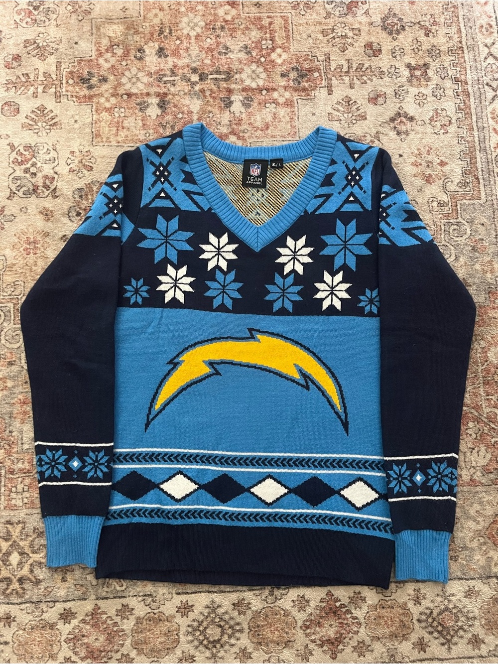 NFL Blue & Yellow V-Neck Chargers Sweater with Snowflake Pattern